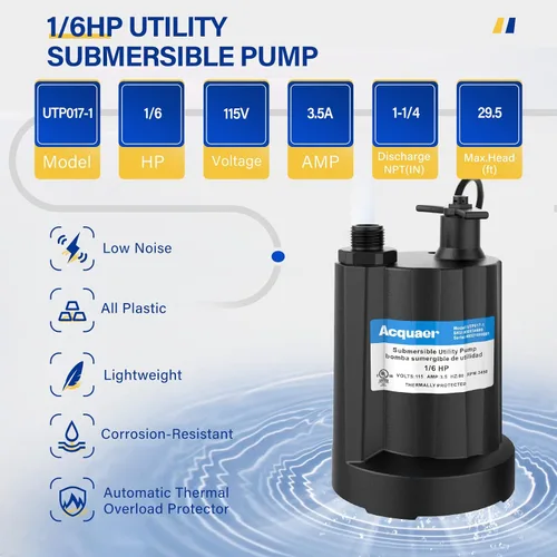 Miniatura 5 de Acquaer Bomba de agua sumergible Bomba de sumidero de 1/6 HP, bomba de utilidad termoplástica, pequeña bomba de agua eléctrica de 1750 GPH para Gery