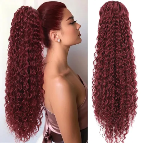 Miniatura 20 de Matriarchs Extensión de cola de caballo corta y rizada con cordón para mujer, pieza de cabello sintético largo afro rizado esponjoso para uso diario