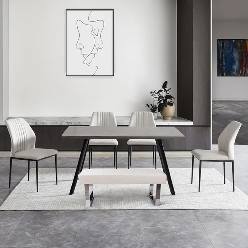 Miniatura 13 de ZckyCine Conjunto moderno de mesa de comedor de 5 piezas con mesa rectangular de madera y 4 sillas tapizadas en cuero, capacidad para 4 personas