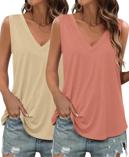 Miniatura 2 de KKJ Paquete de 2 camisetas sin mangas para mujer, cuello en V, camisetas de verano sin mangas, ajuste holgado, casual, trajes de vacaciones, camisas