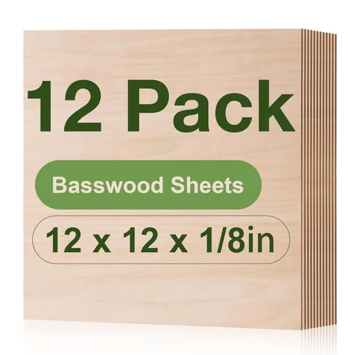 Paquete de 12 hojas de tilo Rowood, 12x12x1/8pulgadas, tilo de 3mm para corte láser, kits de manualidades para adultos, tablero de madera
