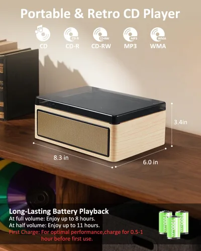 Miniatura 4 de Gelielim Reproductor de CD retro, reproductor de CD de escritorio con entrada y salida Bluetooth, batería recargable, altavoces de alta fidelidad