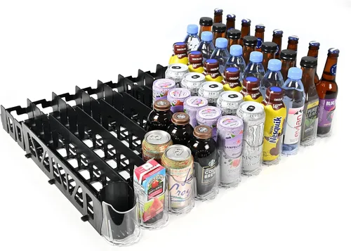 Visi-FAST - Dispensador de bebidas de resorte, organizadores de refrigerador y almacenamiento para bebidas, botellas y latas de 12/16 onzas,