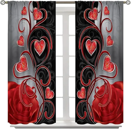 Cortinas de rosas rojas, con estampado romántico de rosas de San Valentín, color rojo burdeos y negro, para mujeres y niñas, decoración del hogar, 2