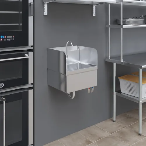 Miniatura 9 de AmGood Fregadero de mano de acero inoxidable para montaje en pared con grifo y salpicadura lateral de 17 x 15 pulgadas Lavabo de manos comercial