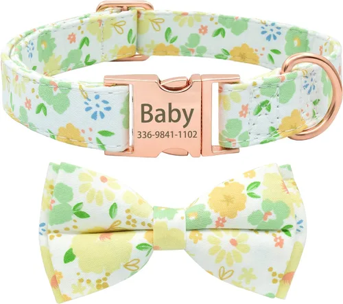 Miniatura 18 de Collar de perro con bonito lazo personalizado con nombre, collar floral personalizado con hebilla dorada grabada para perras pequeñas, medianas