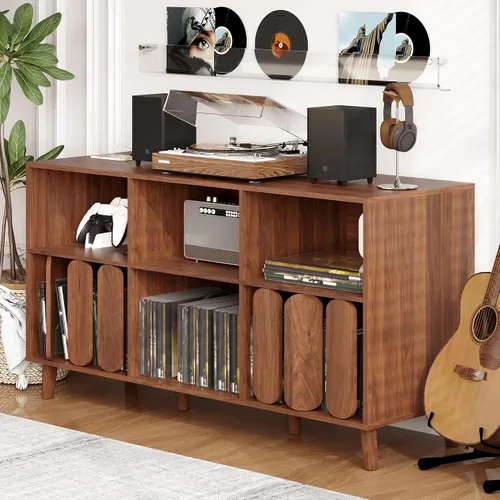Soporte grande para tocadiscos de 55 pulgadas con estación de carga, gabinete de almacenamiento de discos de vinilo con 2 puertos USB, estantes