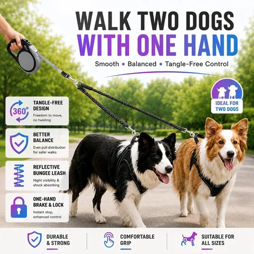 Miniatura 3 de Correa doble retráctil para perros de hasta 115 libras – Correas de acoplamiento de 18.6 pies para perros pequeños y medianos – Un sistema de Gris