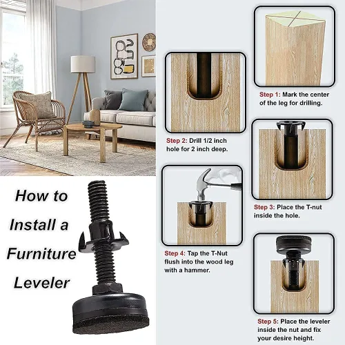 Miniatura 6 de Pies niveladores de muebles ajustables y resistentes para armarios, sofás, mesas, sillas, elevadores, soporte de 1320 libras, kit de tuercas en T