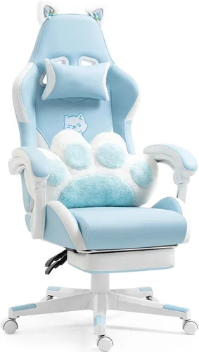 Miniatura 19 de Silla ergonómica de cuero para juegos con reposapiés, cómoda silla de juegos beige con cómodo reposacabezas y soporte lumbar para adultos, niños