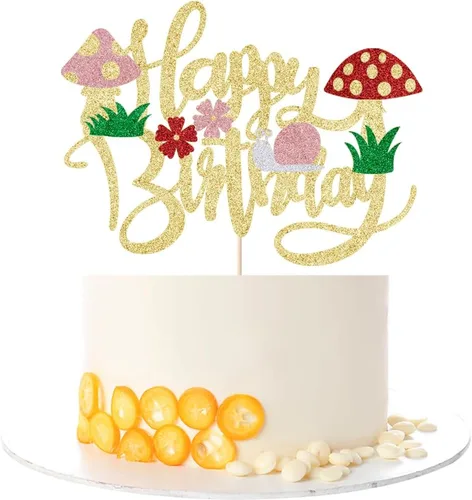 Miniatura 4 de Kaoenla Decoración para tartas de hongos con purpurina, hongos y flores en primavera, el tema, decoraciones de feliz cumpleaños para niñas y niños