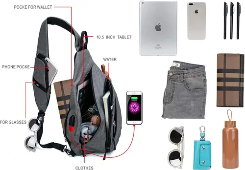 Miniatura 4 de TurnWay - Bolsa bandolera impermeable, bolsa cruzada, bolsa al hombro, con puerto de carga USB para viajes, senderismo, ciclismo, campamento Gris