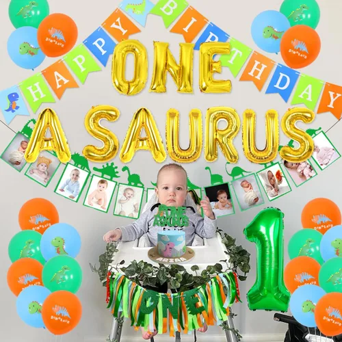 Miniatura 2 de Sursurprise Decoraciones de cumpleaños de One a Saurus, suministros de fiesta de primer cumpleaños de dinosaurio con globos, pancarta para silla