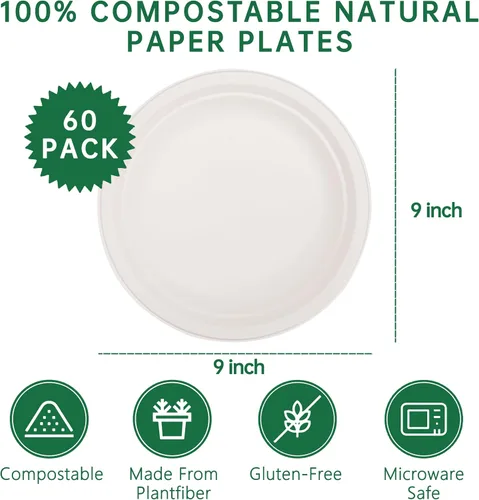 Miniatura 9 de DaYammi Platos de papel 100 % compostables de 9 pulgadas, paquete de 60 platos de papel resistentes a granel, bagazo biodegradable, plato desechable