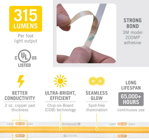 Miniatura 6 de Armacost Lighting RibbonFlex Pro 24V Luz de Tira LED COB Blanca, 2700K, 165 Lúmenes/Pie, 2.5M 171110