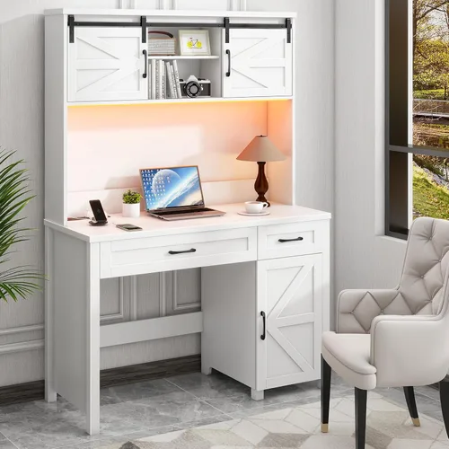 Miniatura 16 de Escritorio ejecutivo Farmhouse de 67" de altura con estante superior, escritorio de oficina con 4 cajones y luz LED, mesa de computadora con Gris