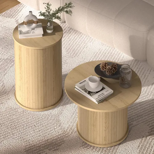 Miniatura 7 de Juego de 2 mesas de centro redondas de madera para sala de estar, mesas de centro anidadas circulares acanaladas para apartamentos, espacios Roble