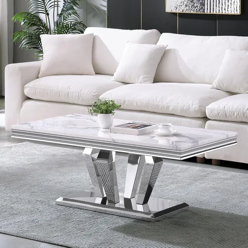 Miniatura 43 de SSLine Mesa de Centro Rectangular de Mármol Sintético para Sala de Estar, Mesa Central Moderna de Mármol Blanco de Lujo con Base Doble en Forma de U