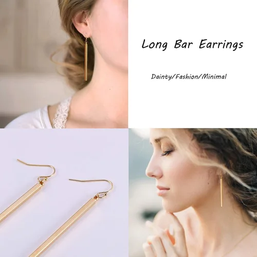 Miniatura 4 de Aretes largos de oro de 18 quilates con barra vertical, aretes de barra circular, joyería geométrica para mujeres y niñas