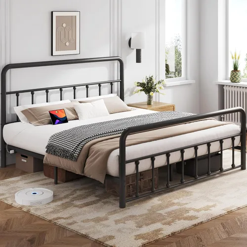 Miniatura 3 de Fluest Base de cama Queen con cabecero, estación de carga y luces LED, plataforma de metal con soporte de listones de acero, no necesita somier