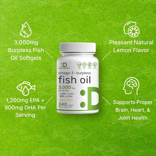 Miniatura 4 de DEAL SUPPLEMENT Suplementos de Aceite de Pescado Omega 3, 3,000mg por Porción, 240 Cápsulas Blandas – EPA 1,200mg + DHA 900mg – Píldoras sin