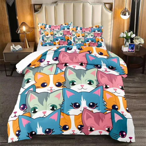 Miniatura 18 de Juego de ropa de cama de tamaño individual, edredón de gatos de dibujos animados para niñas, niños y adolescentes, juego de edredón azul