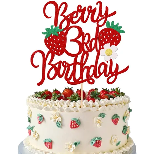 1 pieza de decoración para pastel de tercer cumpleaños con temática de fresa, flor brillante con temática de frutas dulces, decoración de pastel de