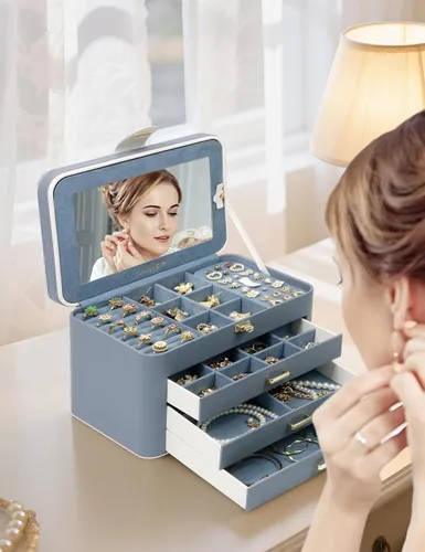 Miniatura 3 de KAMIER Joyeros para mujer, organizador de joyas de 4 capas con espejo, 3 cajones, caja de joyería grande para pulseras, aretes, anillos, collares