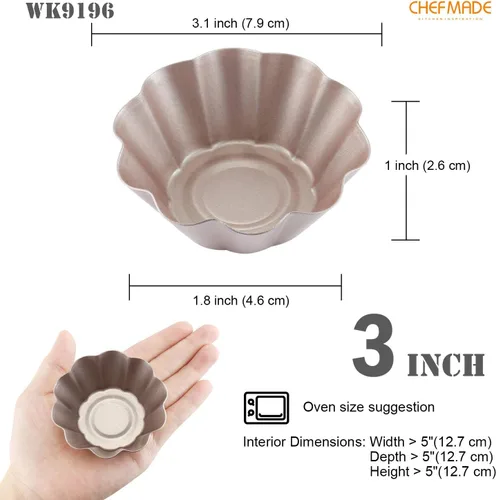 Miniatura 2 de CHEFMADE Juego de mini moldes para pudín, 3 pulgadas, 4 moldes antiadherentes para tarta de huevo, pan y pastel en forma de flor, utensilios