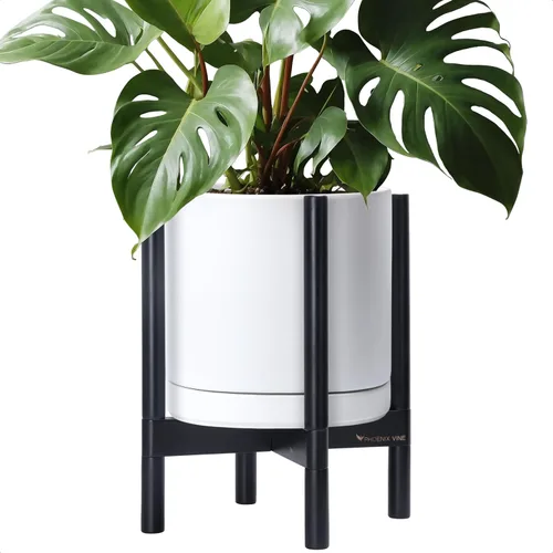 Miniatura 63 de D'vine Dev Maceta de cerámica con soporte de ébano – Maceta redonda moderna de 8 pulgadas con soporte para maceta de madera, color negro, 55-B-M-2