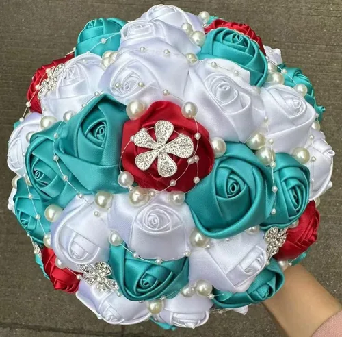 Miniatura 37 de Sharebeauty Ramo de novia de satén hecho a mano de 5.9 pulgadas, ramo de boda, ramo de flores artificiales, color azul claro + blanco W224