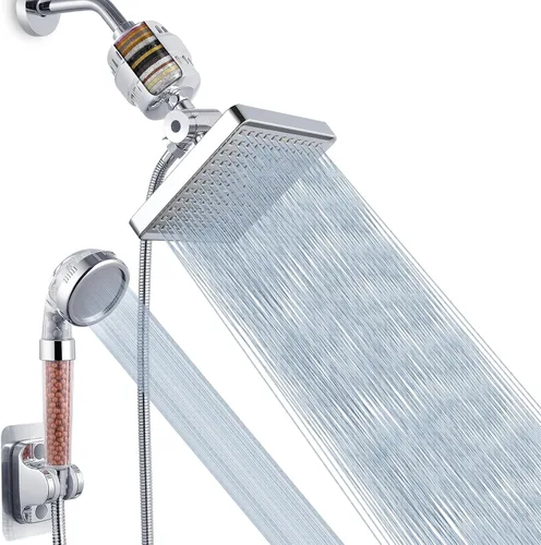 Voolan Juego de cabezal de ducha filtrado, ducha de lluvia de alta presión con cabezal de ducha de mano, soporte autoadhesivo/manguera de 59