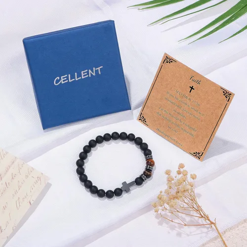 Miniatura 6 de Pulsera de cruz para hombres, para papá, hijo, nieto, marido, padrino, tío sobrino, hermano, regalo inspirador de ojo de tigre, pulsera curativa
