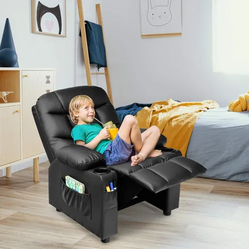 Miniatura 2 de Costzon Silla reclinable para niños con soporte para tazas, silla de salón de cuero ajustable con reposapiés y bolsillos laterales para habitación