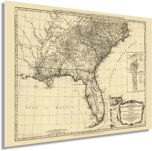 HISTORIX 1776 Mapa vintage de colonias británicas del sur en Estados Unidos - Mapa vintage de Estados Unidos del Atlántico Sur que muestra