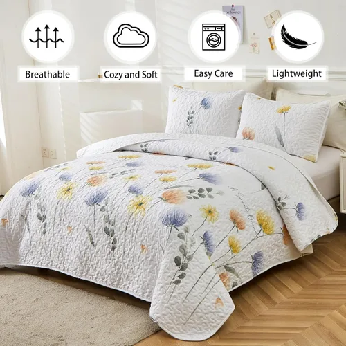 Miniatura 2 de Dinjoy Juego de colcha floral tamaño Queen, colcha azul agua tamaño Queen de 3 piezas, juego de ropa de cama ligera de estilo granja, colcha