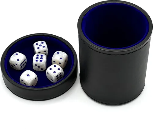 Miniatura 9 de Luck Lab Taza de dados de cuero negro con tapa, incluye 6 dados de perlas a juego, interior de terciopelo azul para agitación silenciosa, uso