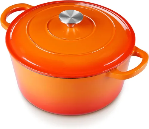 E-far - Horno holandés de 6 cuartos de galón, esmaltado de hierro fundido con tapa, olla de cocina redonda antiadherente para Naranja