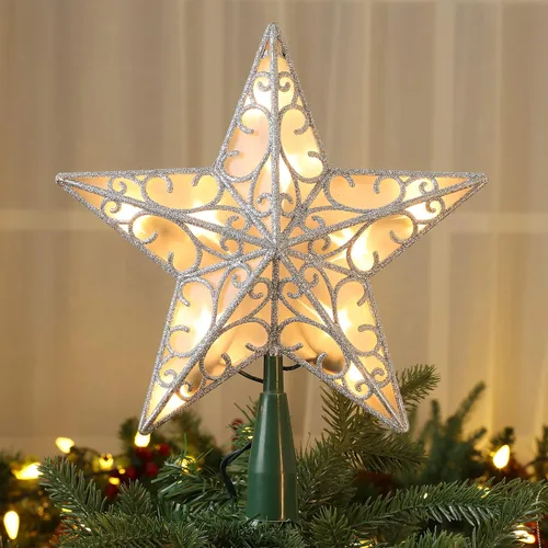 Brizled Estrella para Copa del Árbol de Navidad de 9.5", Copa Plateada con Purpurina, Adorno 3D para Árbol de Navidad con 10 Luces, Certificado UL,