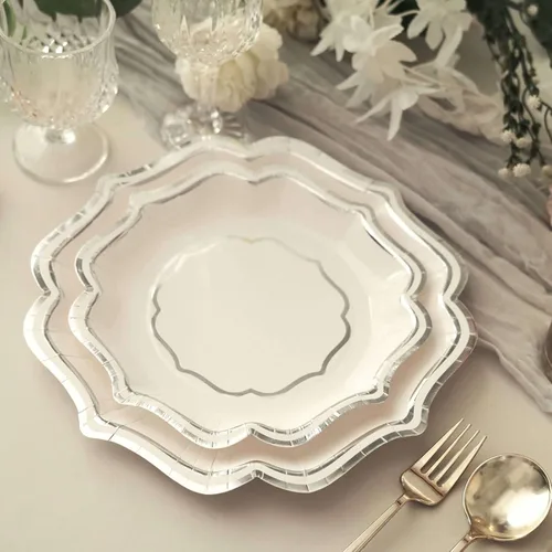 Miniatura 16 de Efavormart - Paquete de 25 platos llanos de papel francés de 10 pulgadas, color blanco y dorado, 300 GSM, resistentes con borde festoneado