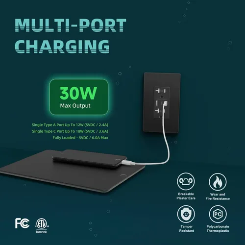 Miniatura 2 de TOPELER - Toma de corriente para montaje en pared con puertos USB 6.0A, dos tomas eléctricas de 20 amperios, tomas y puertos resistentes a la Negro