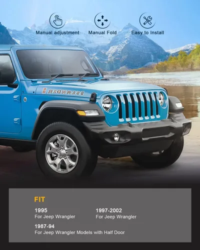 Miniatura 6 de Juego de montaje de espejos laterales Compatible con 1987-2002 para Jeep Wrangler con puerta media, plegable manual, espejo negro manual texturizado