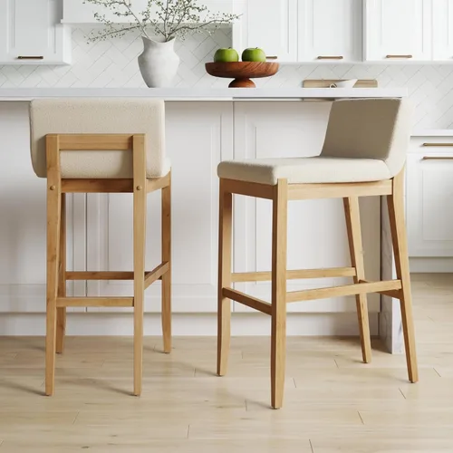 Miniatura 24 de Nathan James - Gracie - Moderno taburete alto con respaldo, silla alta tapizada con lino texturizado natural y patas de madera cepillada - Marrón