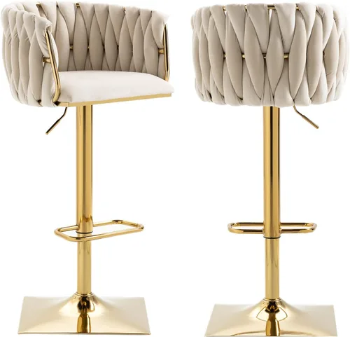 Miniatura 15 de Juego de 2 taburetes de bar giratorios de terciopelo, taburetes de bar ajustables y cómodos, silla de comedor moderna con respaldo tejido, taburetes