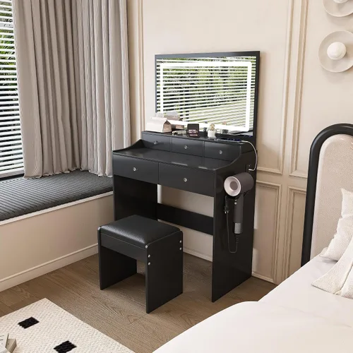 Miniatura 2 de Escritorio de tocador con espejo de luz LED, mesa de tocador de maquillaje con taburete, 5 cajones, soporte para secador de pelo, toma de corriente