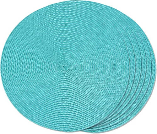FunWheat Juego de 6 manteles individuales redondos trenzados para mesas de comedor, tejidos, lavables, antideslizantes, de 15 pulgadas (turquesa, 6