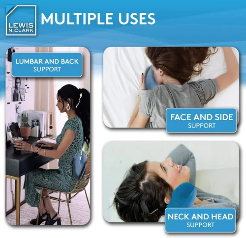 Miniatura 6 de Lewis N. Clark Almohada de cuello de espuma viscoelástica, Azul, Para niños y adultos, funda lavable y correa de equipaje adjunta