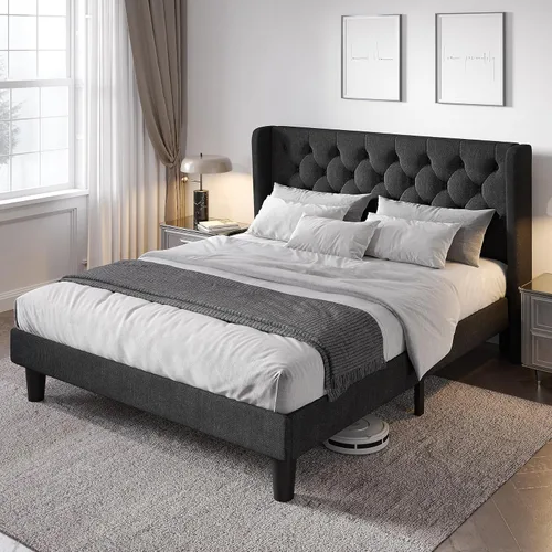 Miniatura 13 de Allewie Base de cama de tamaño matrimonial con cabecera copetuda con botones en la parte trasera, marco de cama tapizado moderno con soporte