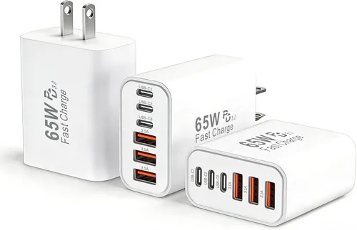Bloque de cargador USB C de 65 W, paquete de 3 bloques de carga rápida de teléfono tipo C, cubo PD multipuerto USB C adaptador de corriente + QC 3.0