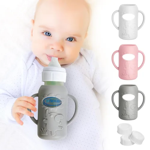 Miniatura 2 de Paquete de 3 fundas de silicona para biberones de vidrio natural Dr. Brown, soporte para biberones de grado alimenticio antiroturas con asas y 3